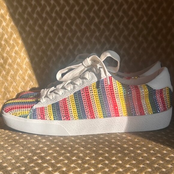 Alice and Olivia Cassidy Rainbow Stripe Sequin Leather Lace Up Sneakers Sneakers - Picture 6 of 16